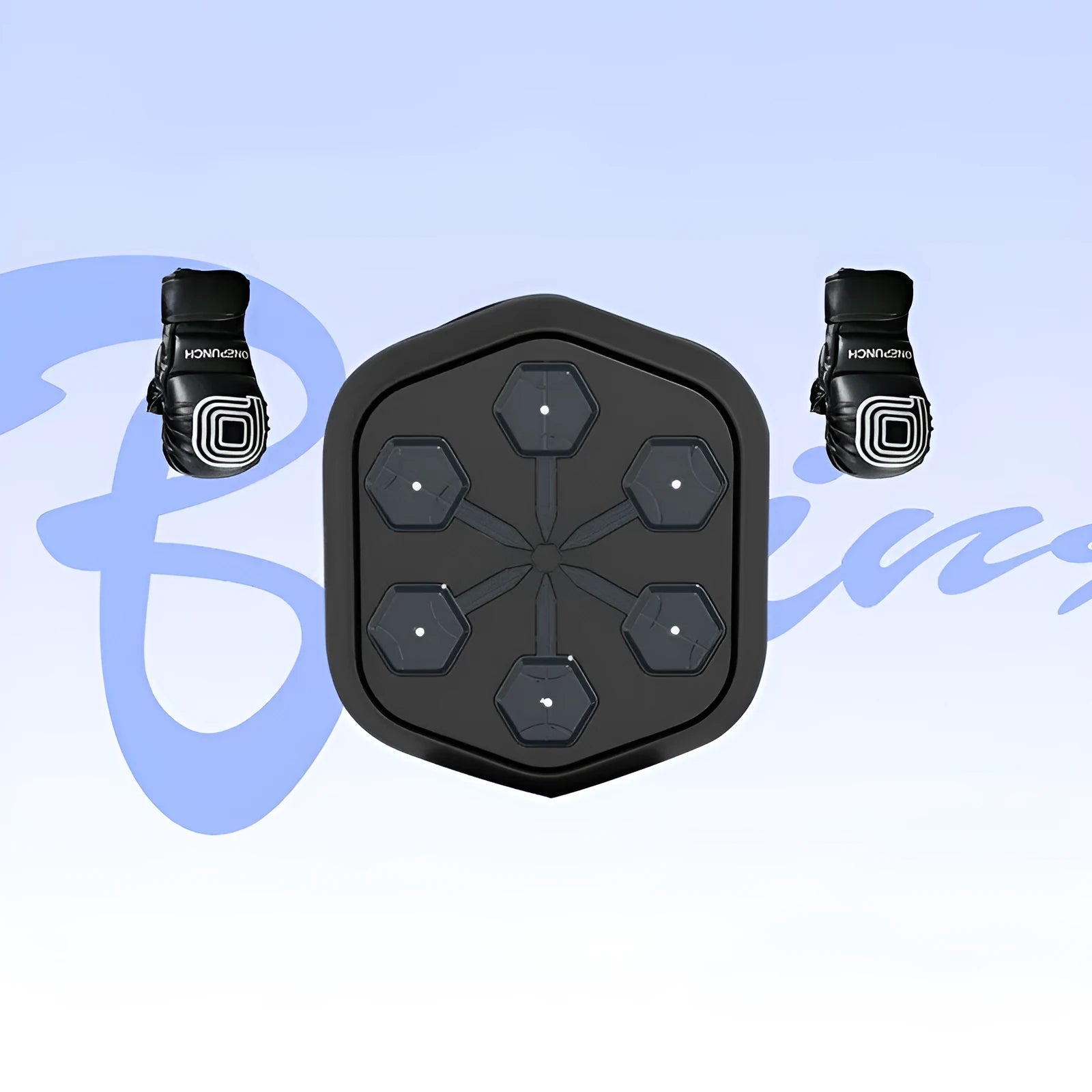 Smart black boxing machine with Bluetooth connectivity and Velcro straps, includes boxing gloves