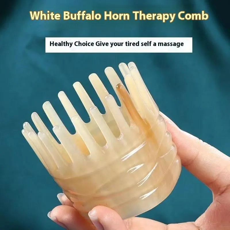 Black buffalo horn comb with wide teeth and pointed tip for scalp massage