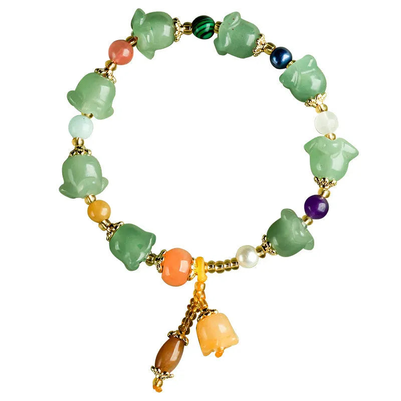 Natural Xinjiang Jinsi Jade bracelet with carved orchid beads in aventurine orchid colour for 14-18cm wrists