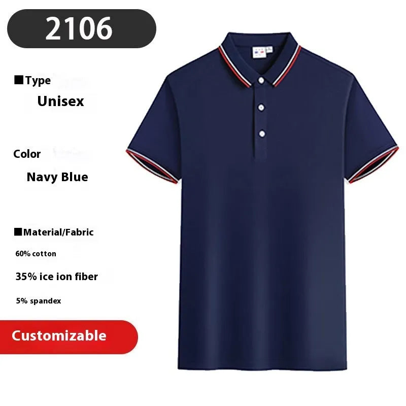 Men's embroidered lapel short sleeve top in navy blue, straight fit, cotton ice ion blend, short sleeves