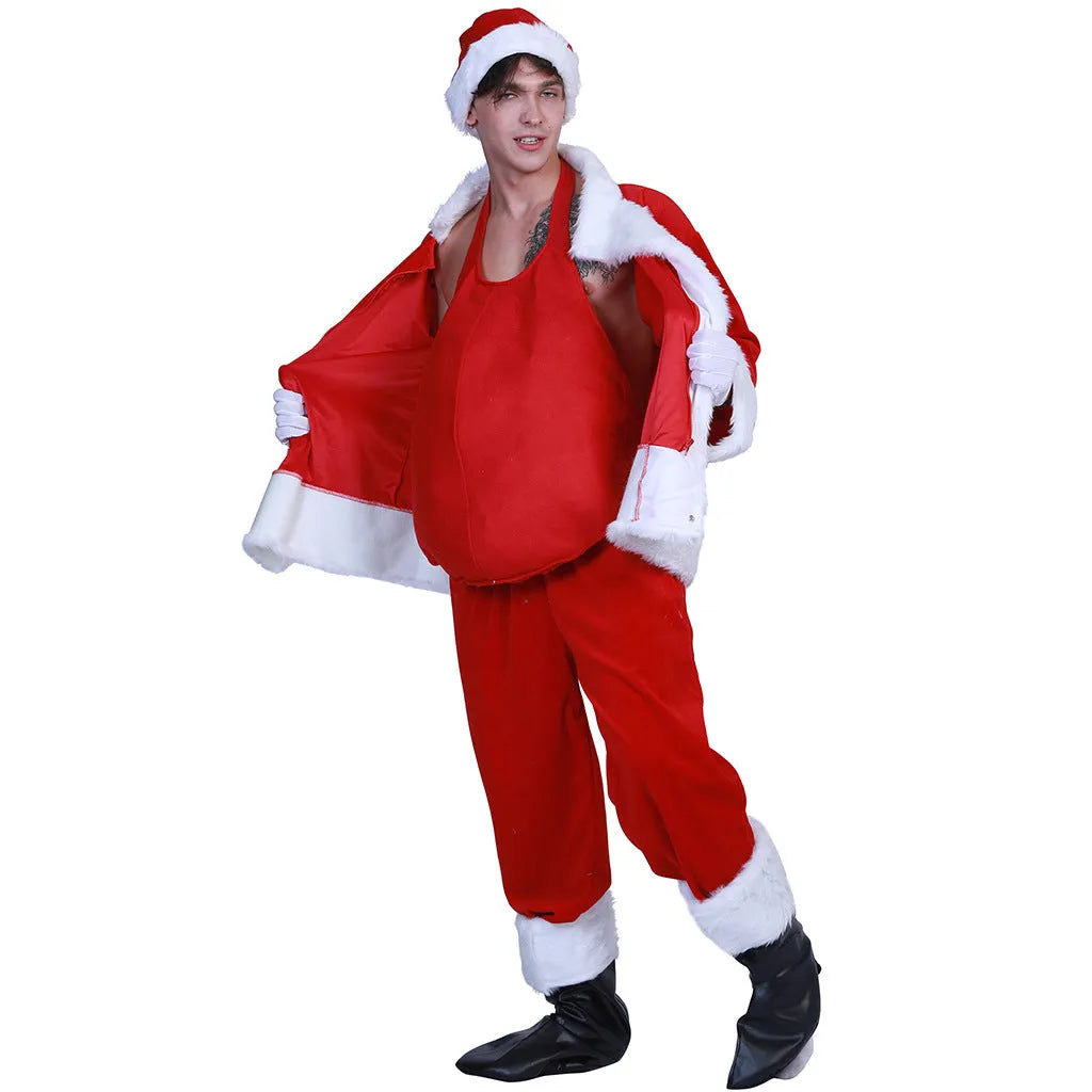 Christmas stage costume set with white top and Santa Claus belly piece for men and women