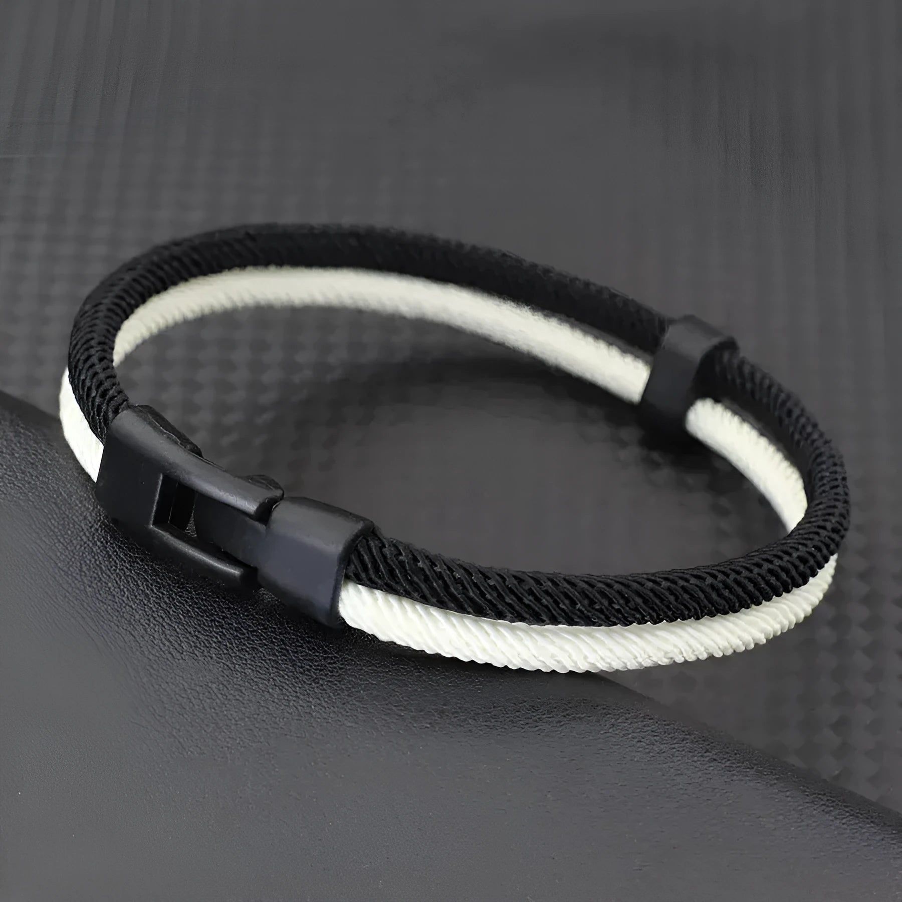 Black and white woven Milan rope hand strap with alloy hardware in three size options