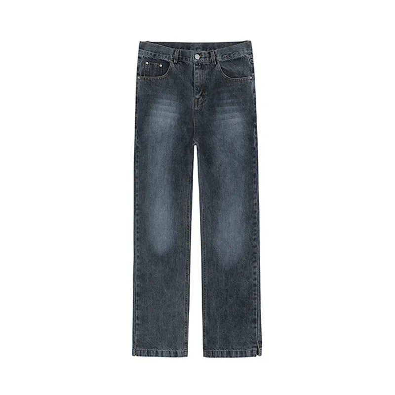 Blue-grey casual straight-leg trousers with side slits, loose fit, mid-waist, velvet lined, autumn wear