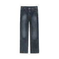 Blue-grey casual straight-leg trousers with side slits, loose fit, mid-waist, velvet lined, autumn wear
