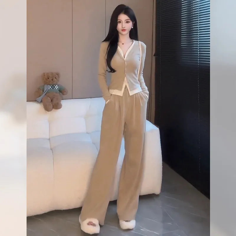 Plus-size high-waisted wide-leg pants two-piece set in cotton, black with gray colour