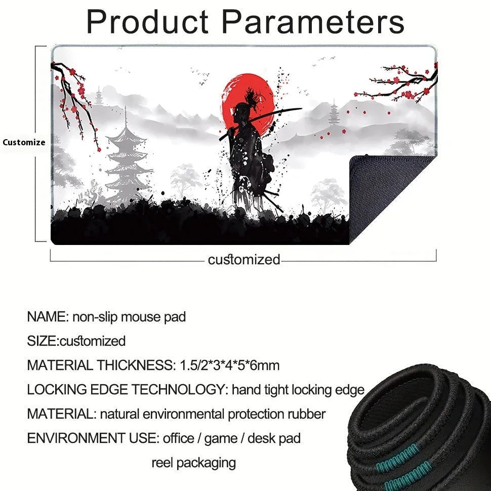 Japanese samurai artwork gaming mouse pad on a desk with a computer mouse