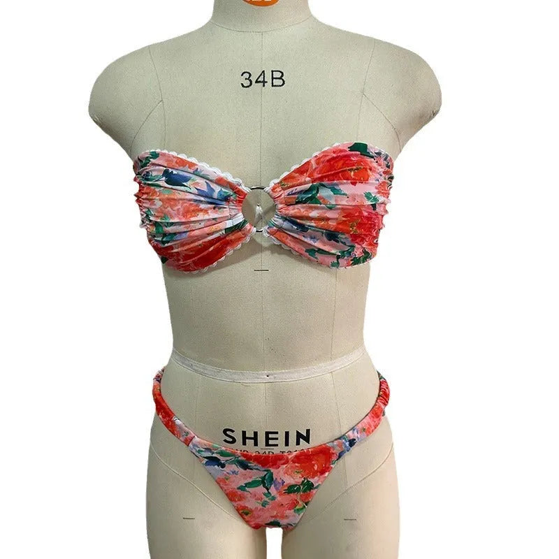 Women's floral printed tube top bikini set with lace trim in blue, pink, yellow colours