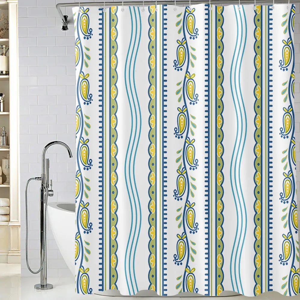 Printed polyester shower curtain and anti-slip mat set in 25 colours, with sizes from 90cm x 180cm to 180cm x 200cm