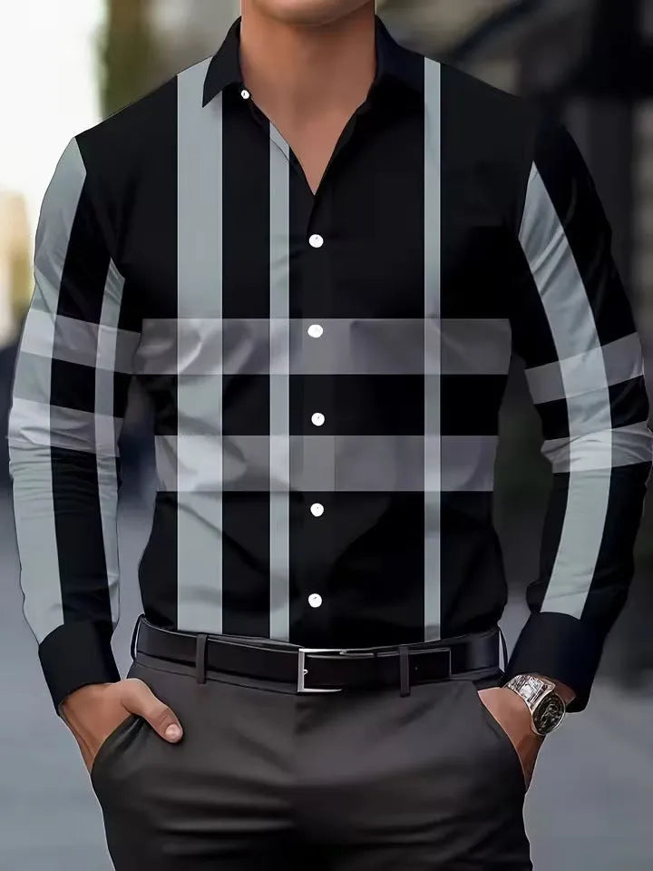 Man wearing a striped long sleeve button-down shirt in blue, showing the collar and cuffs.