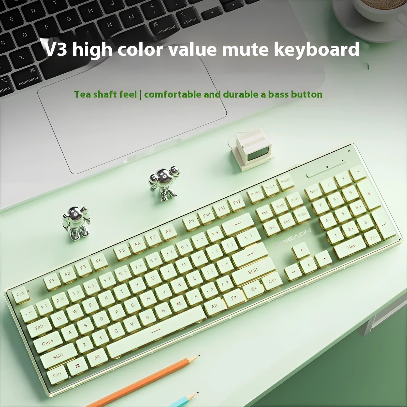 Prewalker V3 mute keyboard and mouse set in retro green colour on a desk