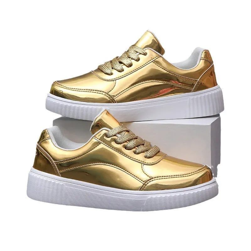 Rose gold sequin platform sneakers with round toe and thick MD sole on size label background