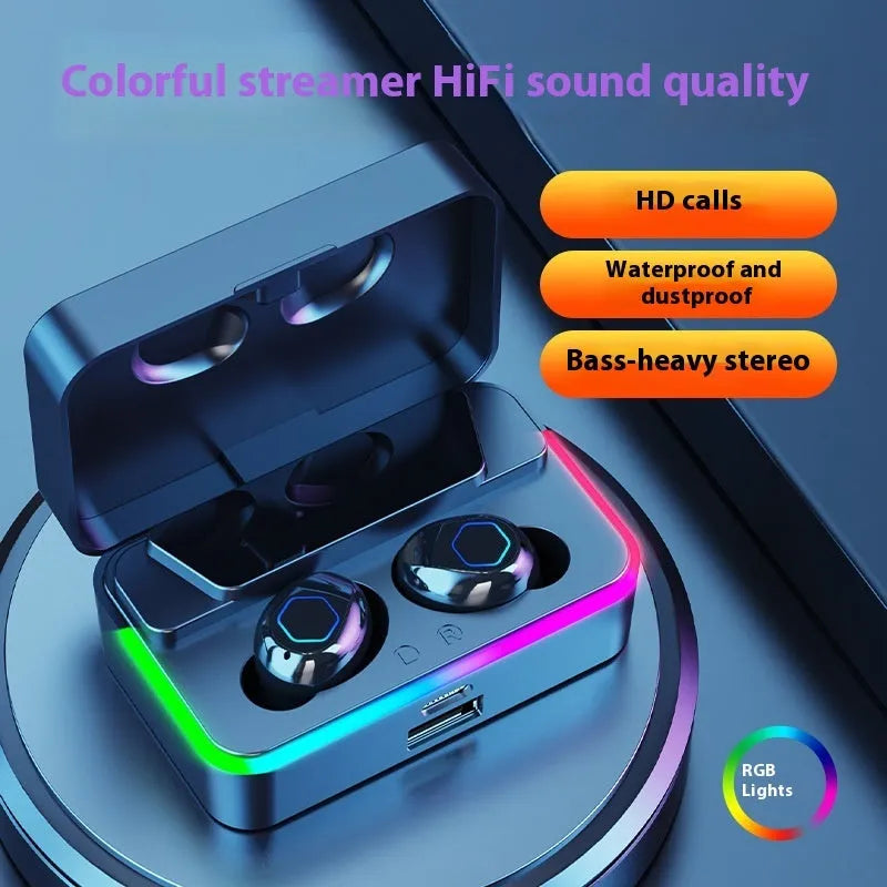 M49PRO Bluetooth headset in black with mirror digital display and in-ear sports style