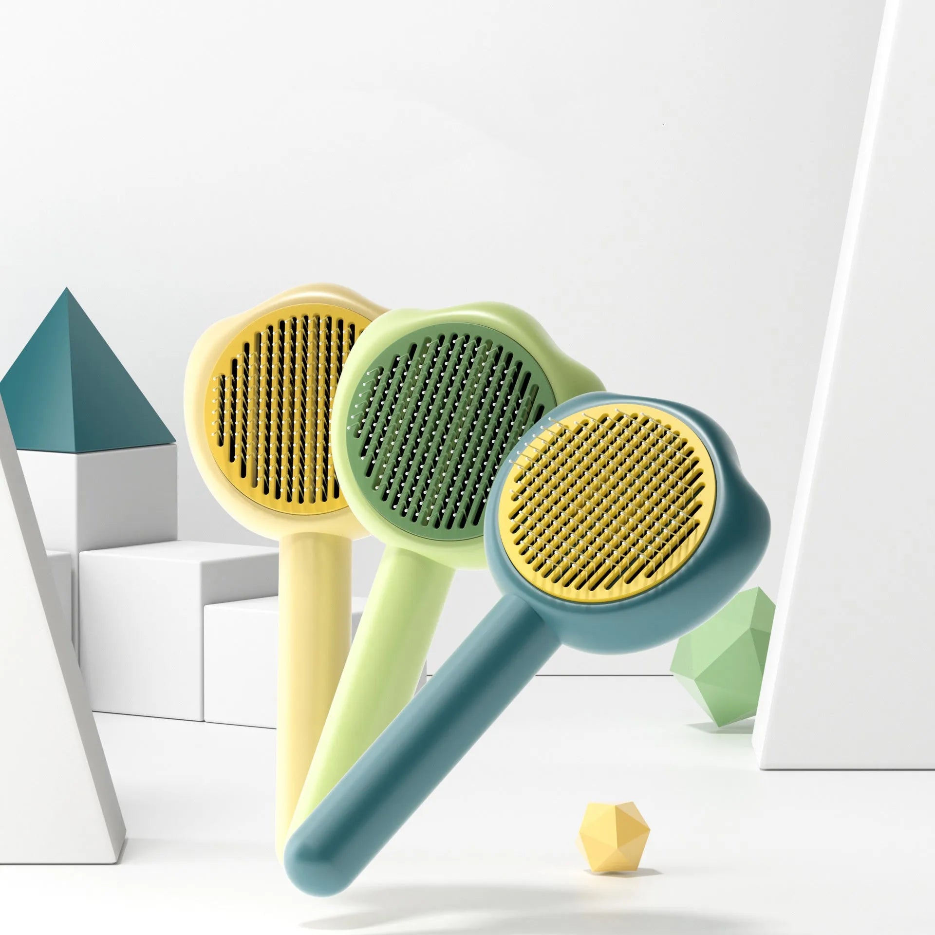 Blue self-cleaning pet grooming comb with retractable needles and compact 183mm design