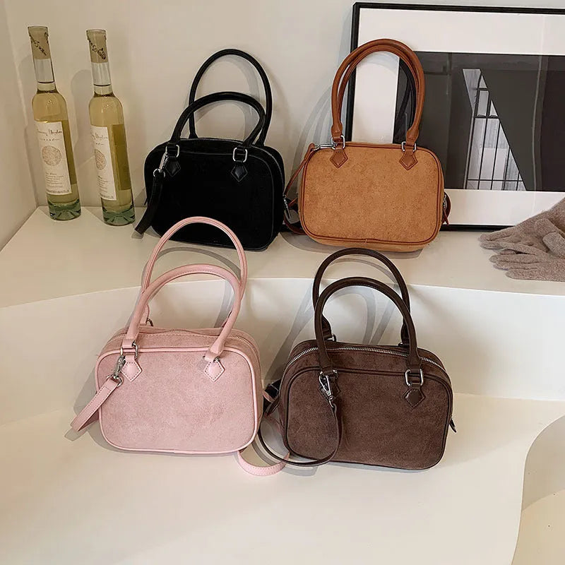 Women's crossbody suede-style PU leather handbag in horizontal square shape, available in multiple colours