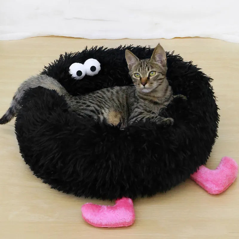 Plush round pet nest bed for small dogs in black, pink, or yellow colours