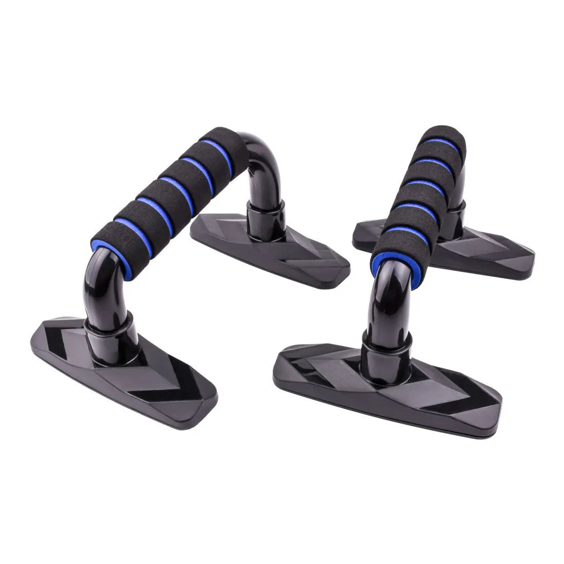 Set of two I-shaped push-up bars with diamond bases and blue PP sponge grips on a floor.