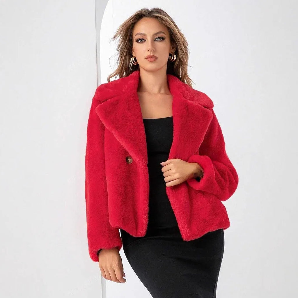 A women's loose short coat made of rose red artificial fur, featuring regular sleeves and a sweet style.