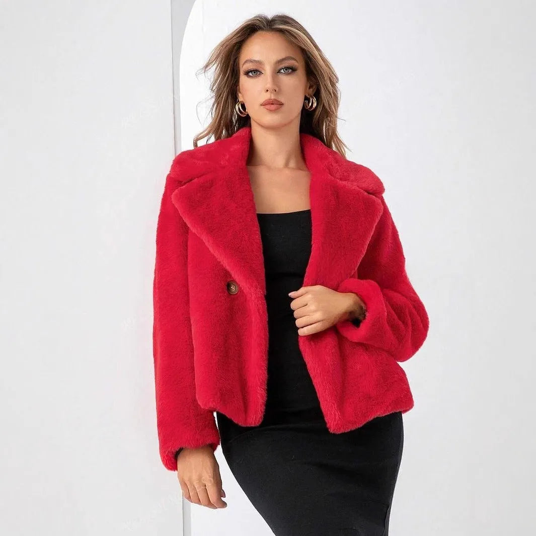 A women's loose short coat made of rose red artificial fur, featuring regular sleeves and a sweet style.