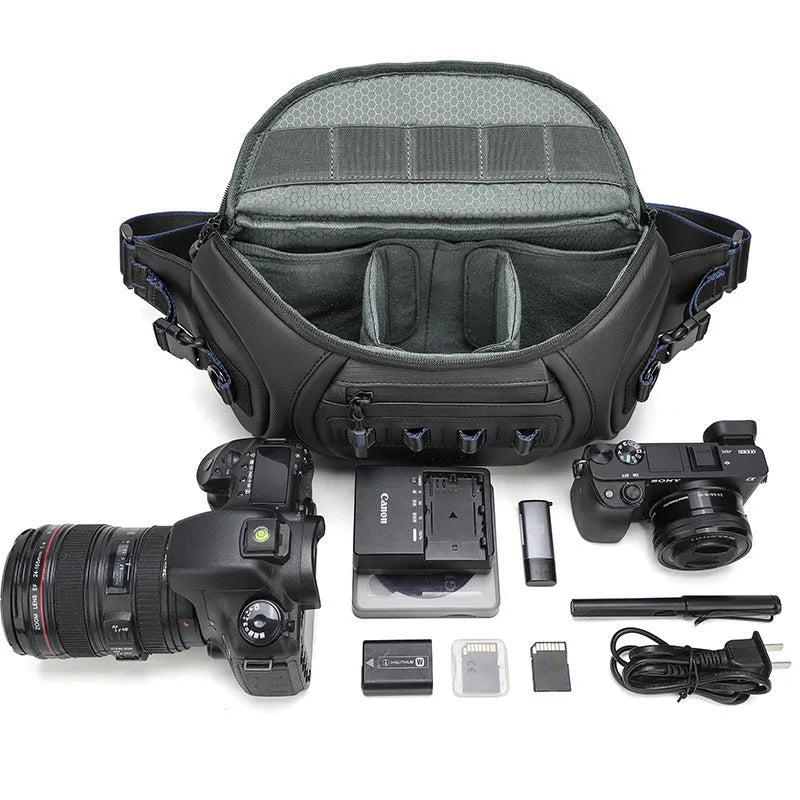 Black waterproof Oxford cloth shoulder camera bag worn across the chest.